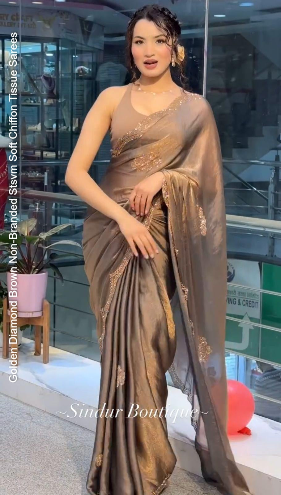 Golden Diamond Brown Non-Branded Stsvm Soft Chiffon Tissue Sarees
