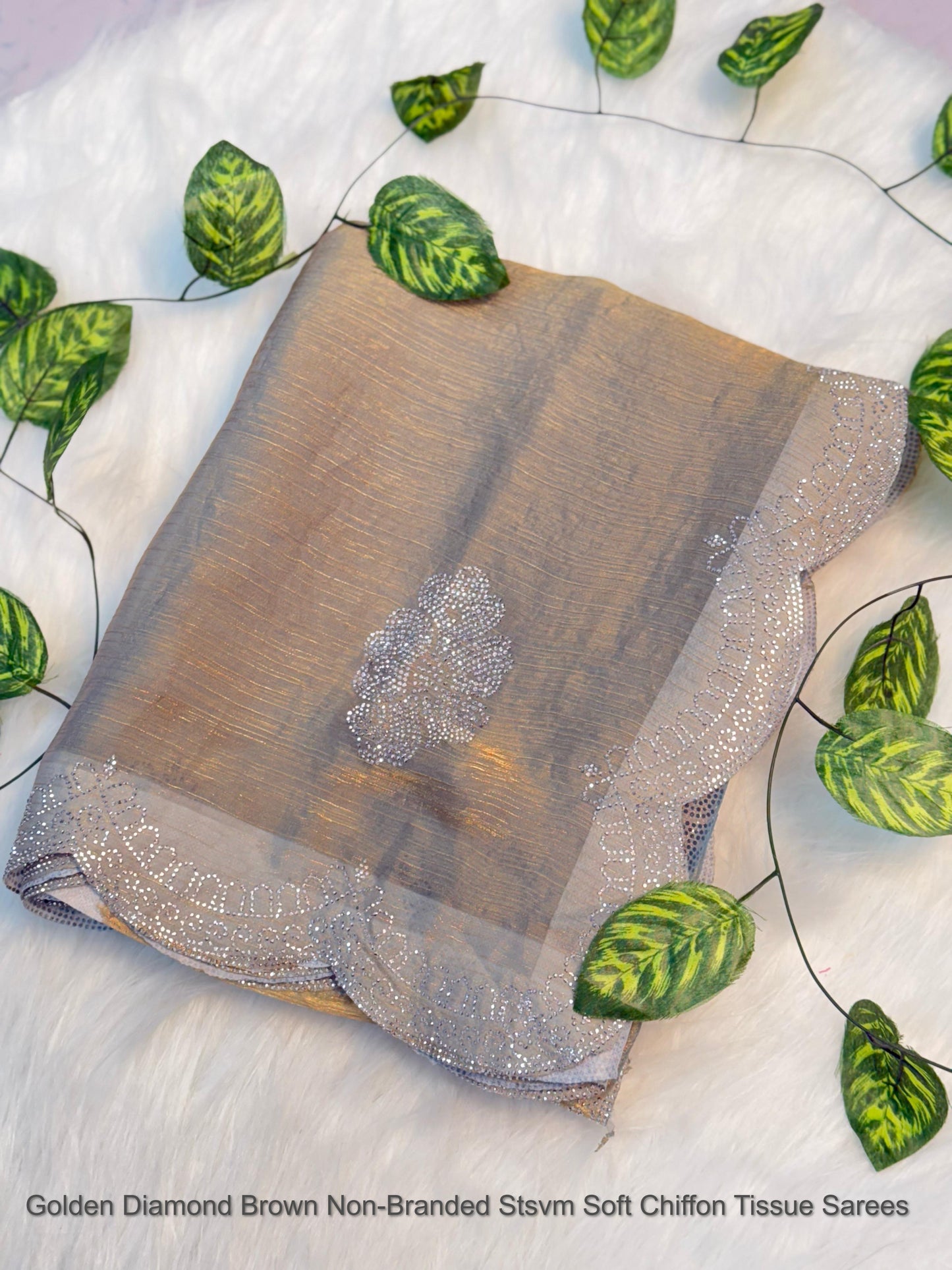 Golden Diamond Brown Non-Branded Stsvm Soft Chiffon Tissue Sarees
