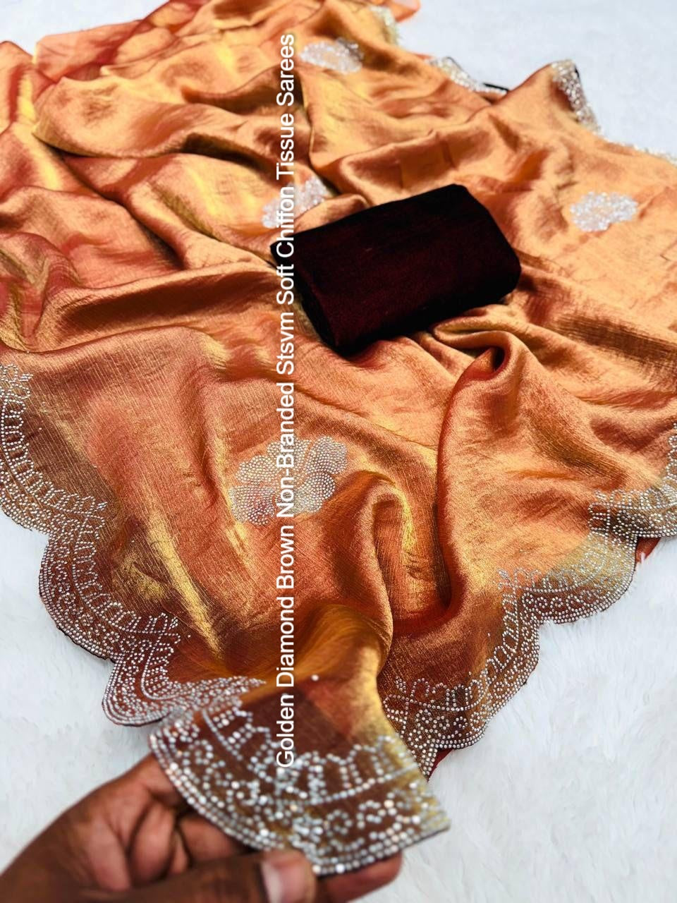 Golden Diamond Brown Non-Branded Stsvm Soft Chiffon Tissue Sarees