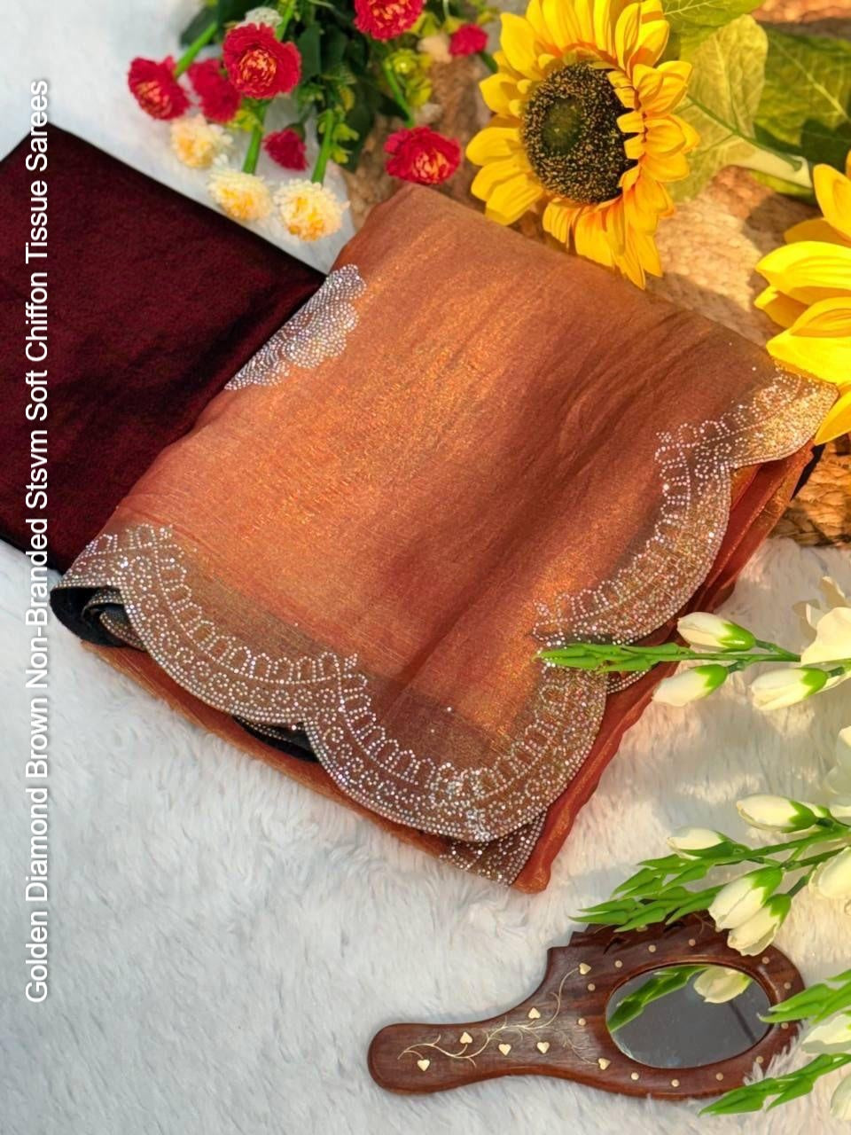 Golden Diamond Brown Non-Branded Stsvm Soft Chiffon Tissue Sarees