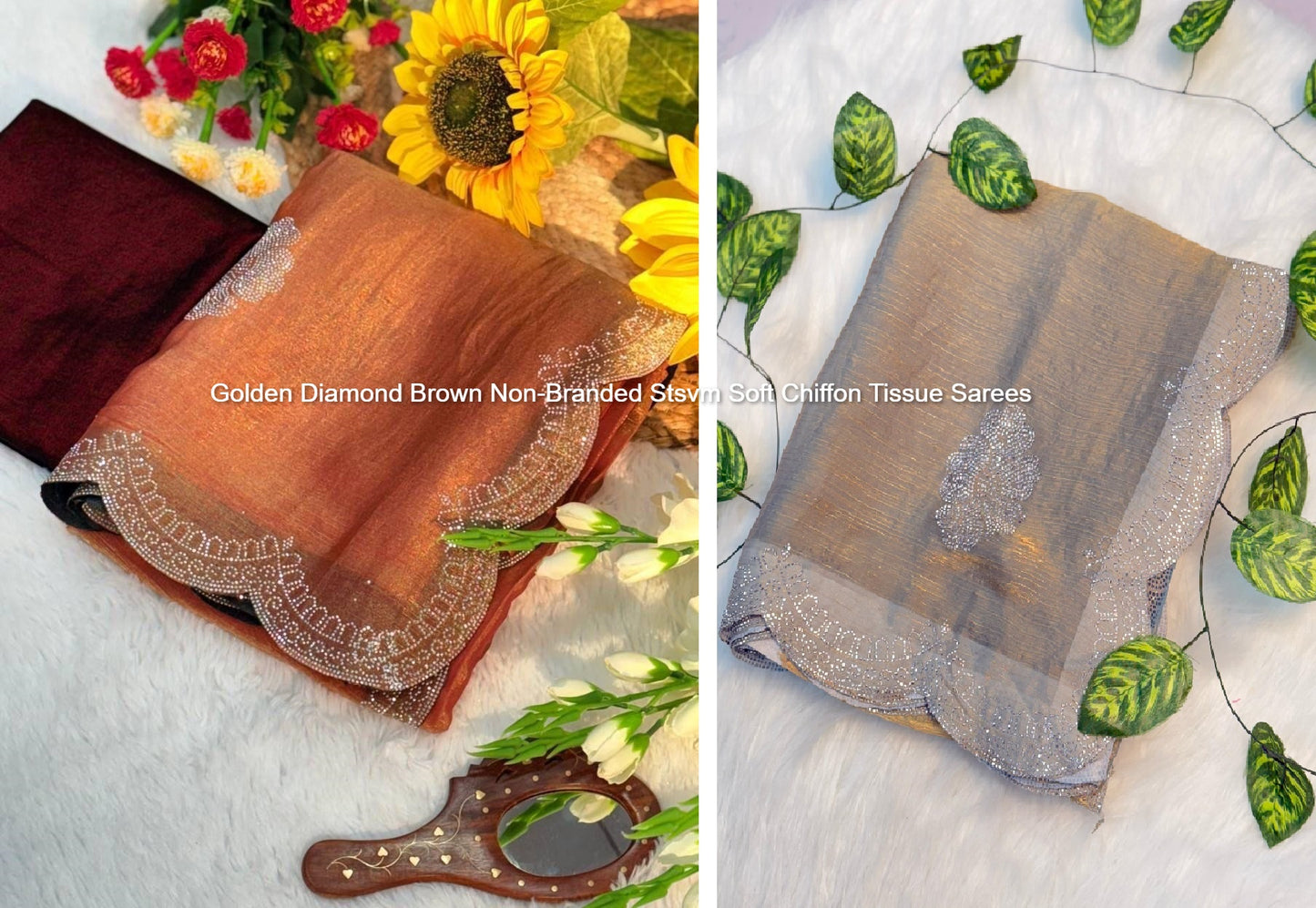 Golden Diamond Brown Non-Branded Stsvm Soft Chiffon Tissue Sarees