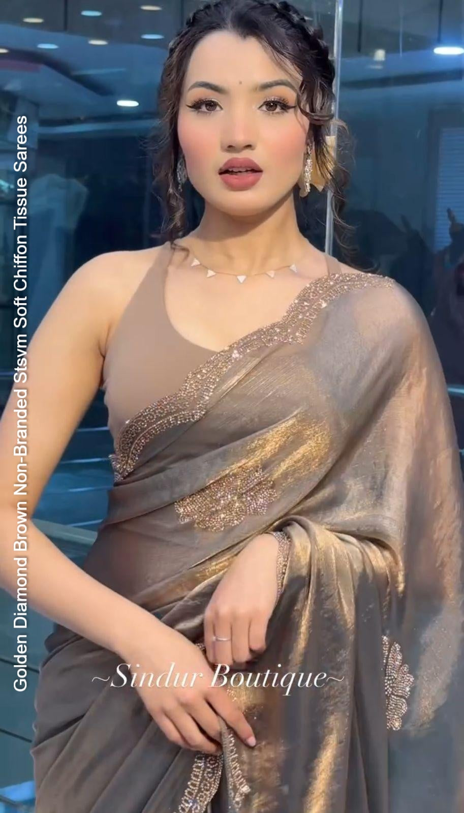 Golden Diamond Brown Non-Branded Stsvm Soft Chiffon Tissue Sarees