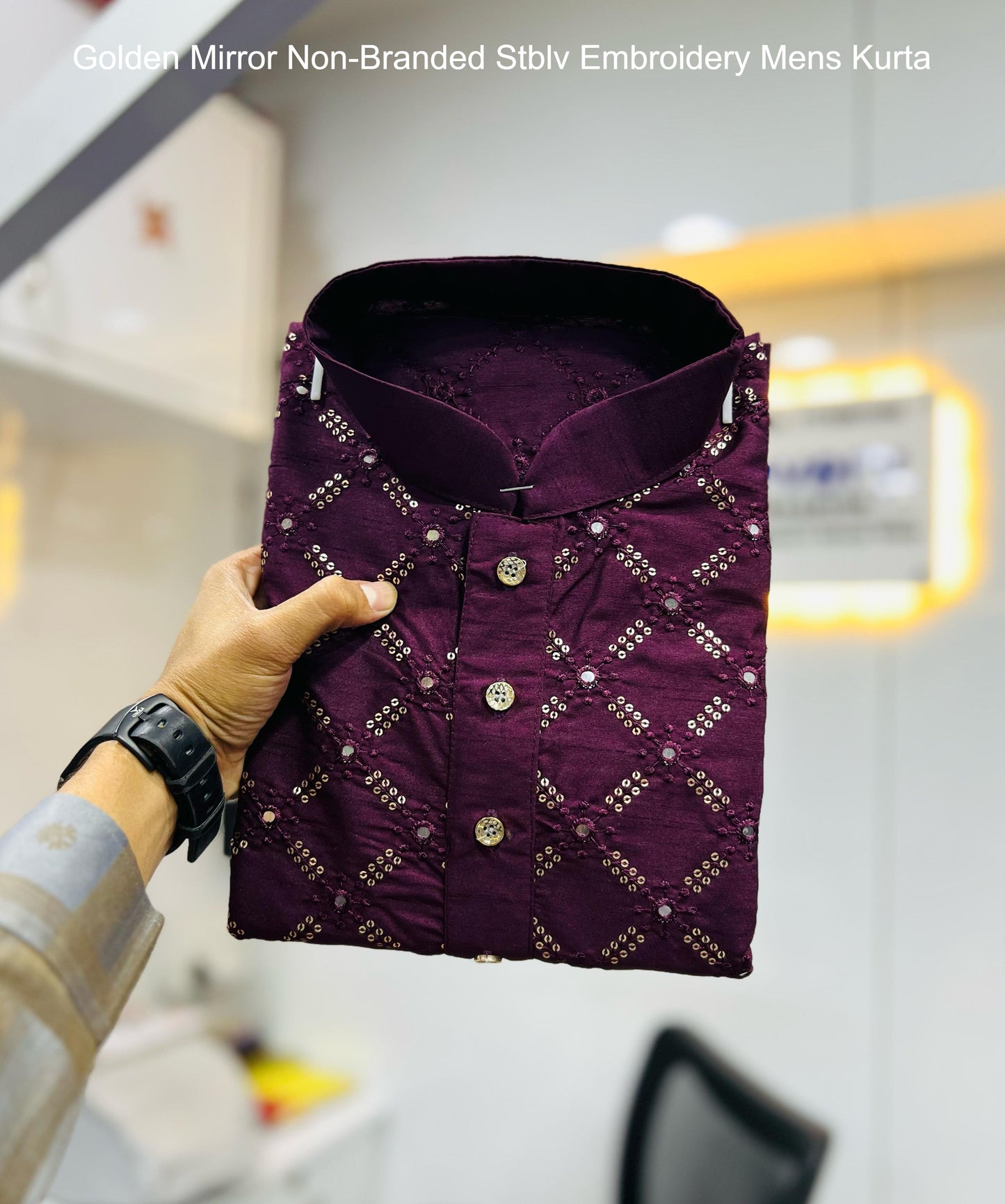 Golden Mirror Non-Branded Stblv Embroidery Mens Kurta