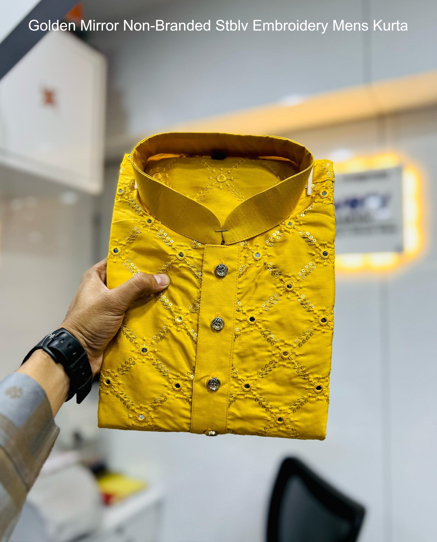Golden Mirror Non-Branded Stblv Embroidery Mens Kurta