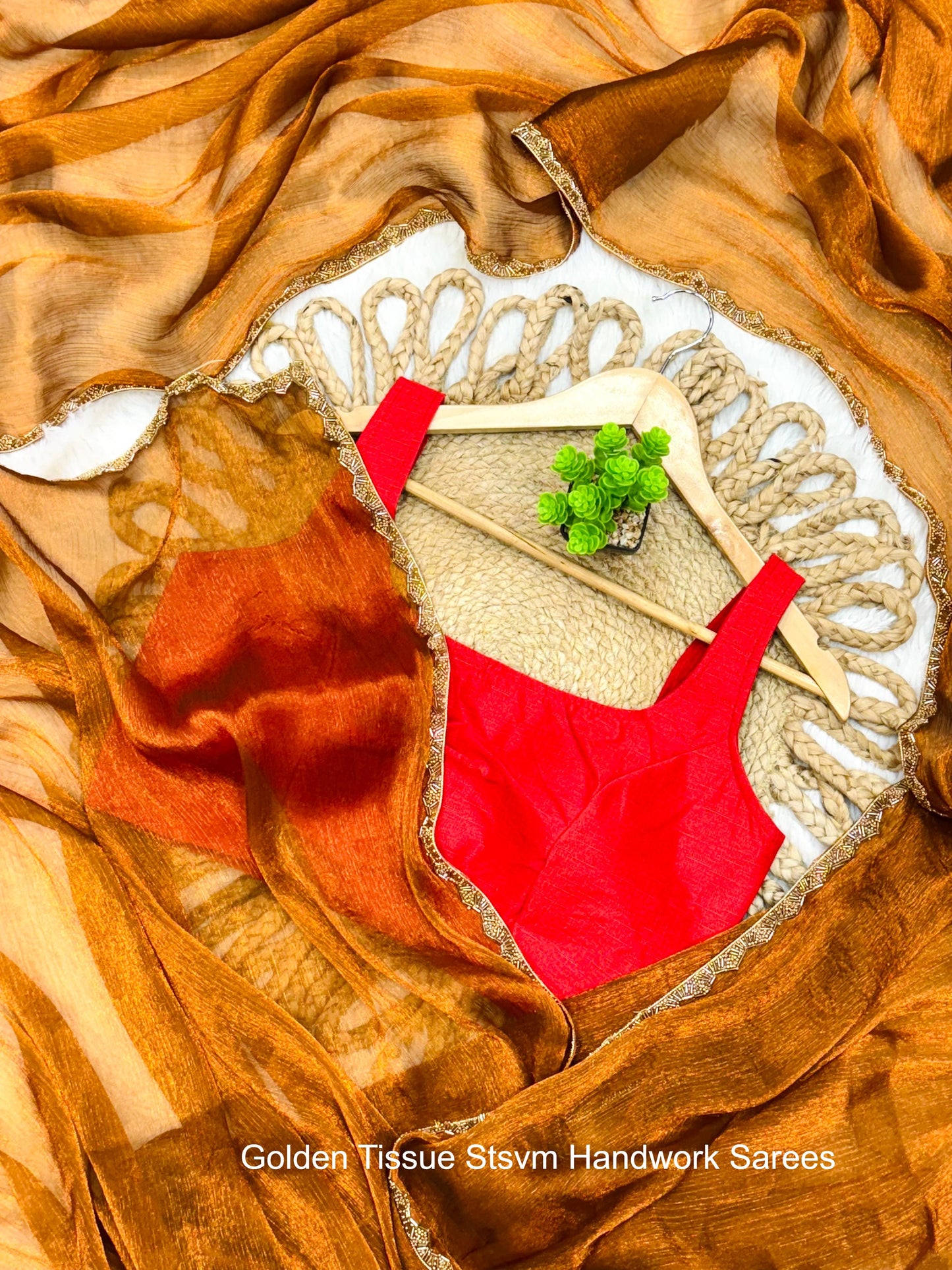 Golden Tissue Stsvm Handwork Sarees