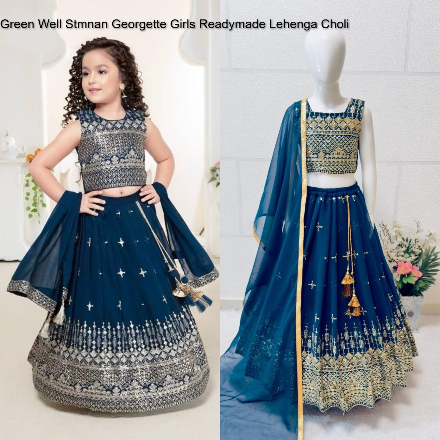 Green Well Stmnan Georgette Girls Readymade Lehenga Choli