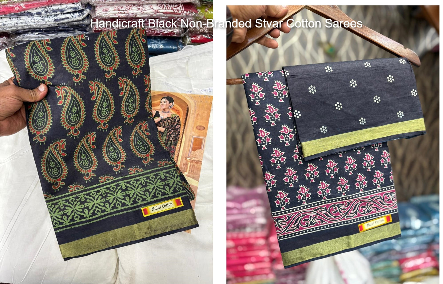 Handicraft Black Non-Branded Stvar Cotton Sarees