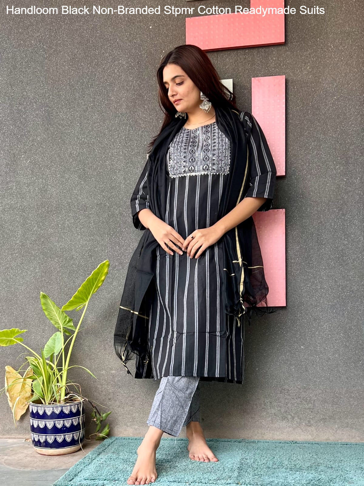 Handloom Black Non-Branded Stpmr Cotton Readymade Suits