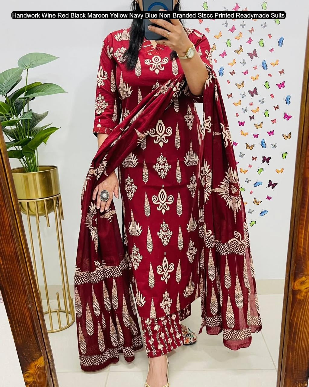 Handwork Wine Red Black Maroon Yellow Navy Blue Non-Branded Stscc Printed Readymade Suits