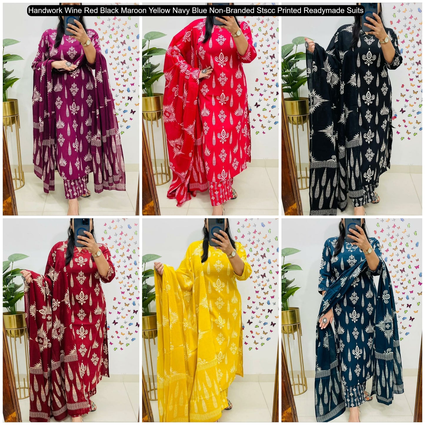 Handwork Wine Red Black Maroon Yellow Navy Blue Non-Branded Stscc Printed Readymade Suits