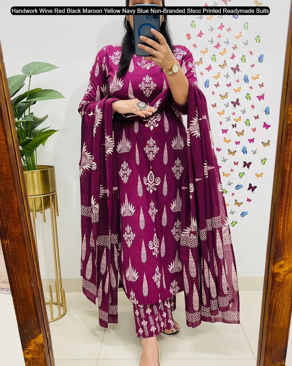 Handwork Wine Red Black Maroon Yellow Navy Blue Non-Branded Stscc Printed Readymade Suits