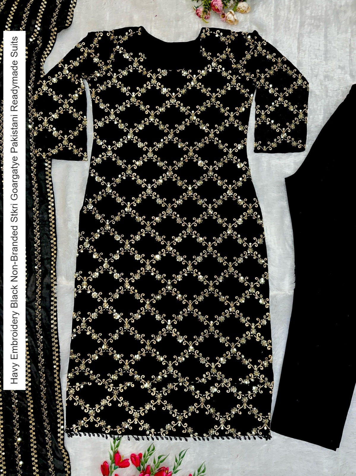 Havy Embroidery Black Non-Branded Stkri Goargatye Pakistani Readymade Suits