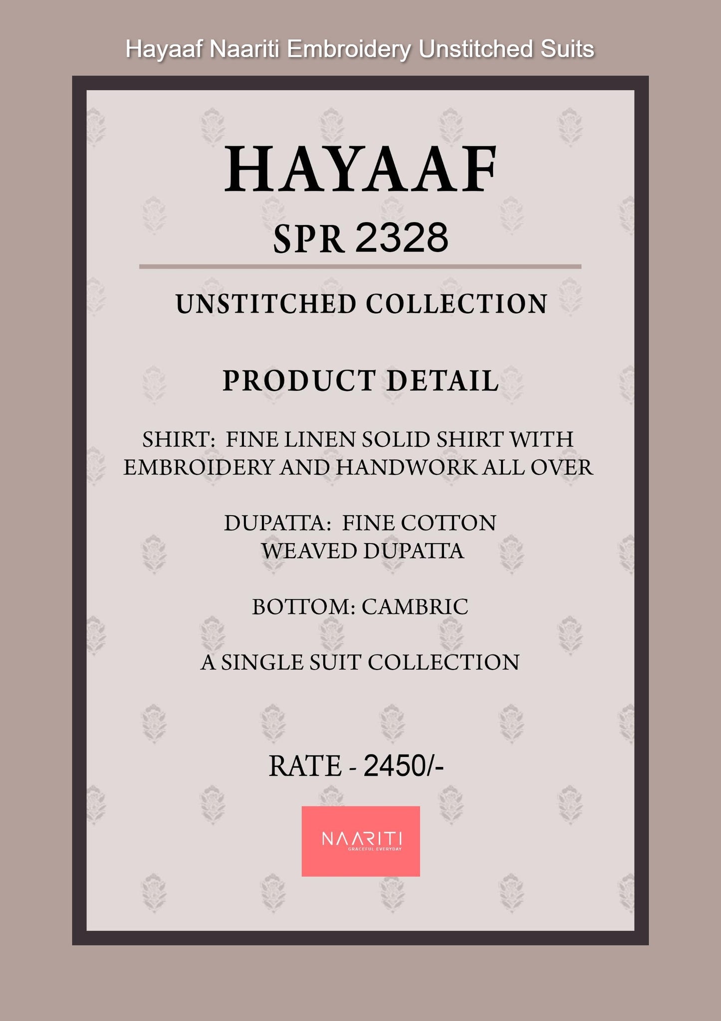 Hayaaf Naariti Embroidery Unstitched Suits