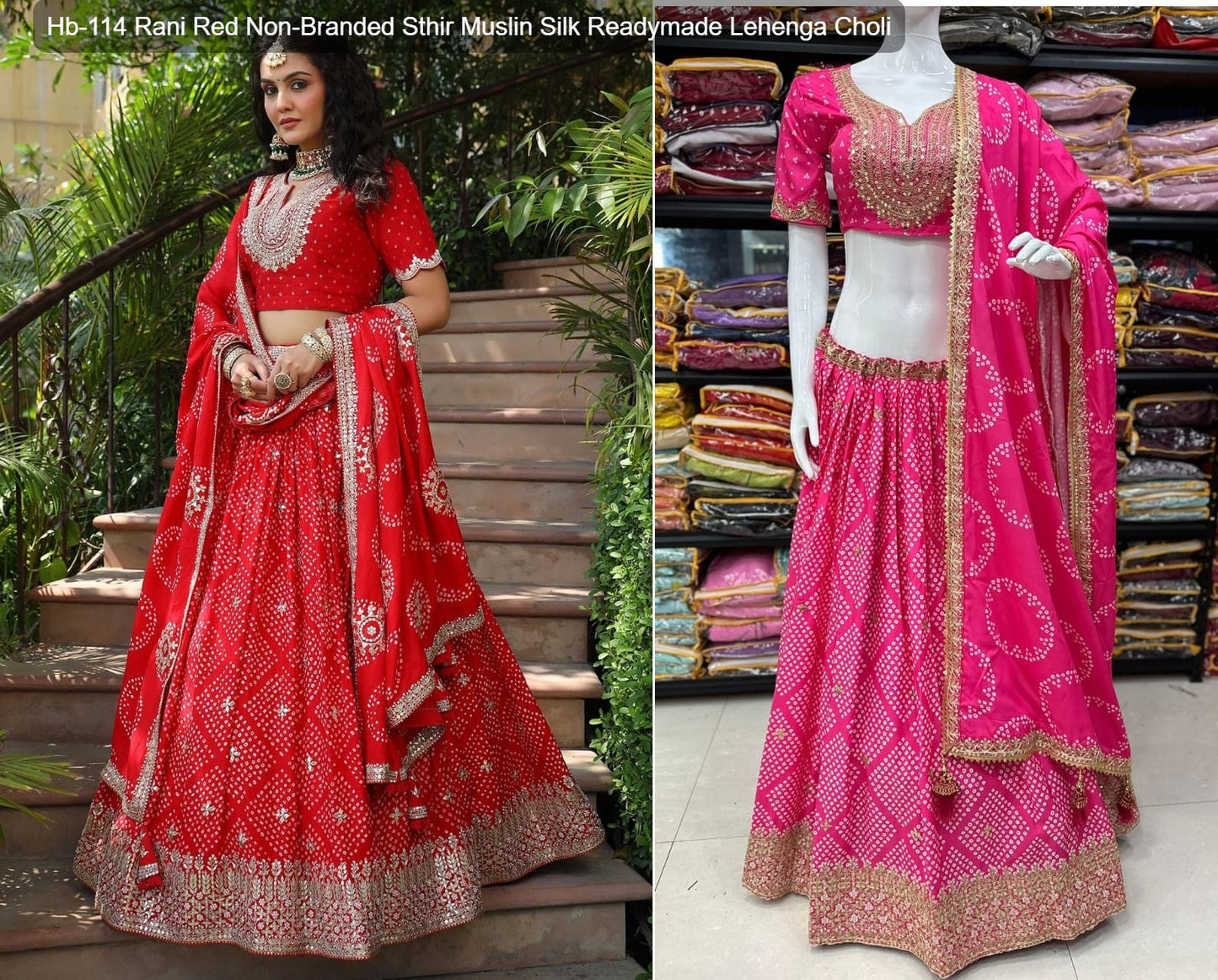 Hb-114 Rani Red Non-Branded Sthir Muslin Silk Readymade Lehenga Choli