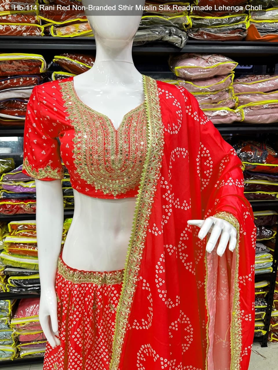 Hb-114 Rani Red Non-Branded Sthir Muslin Silk Readymade Lehenga Choli
