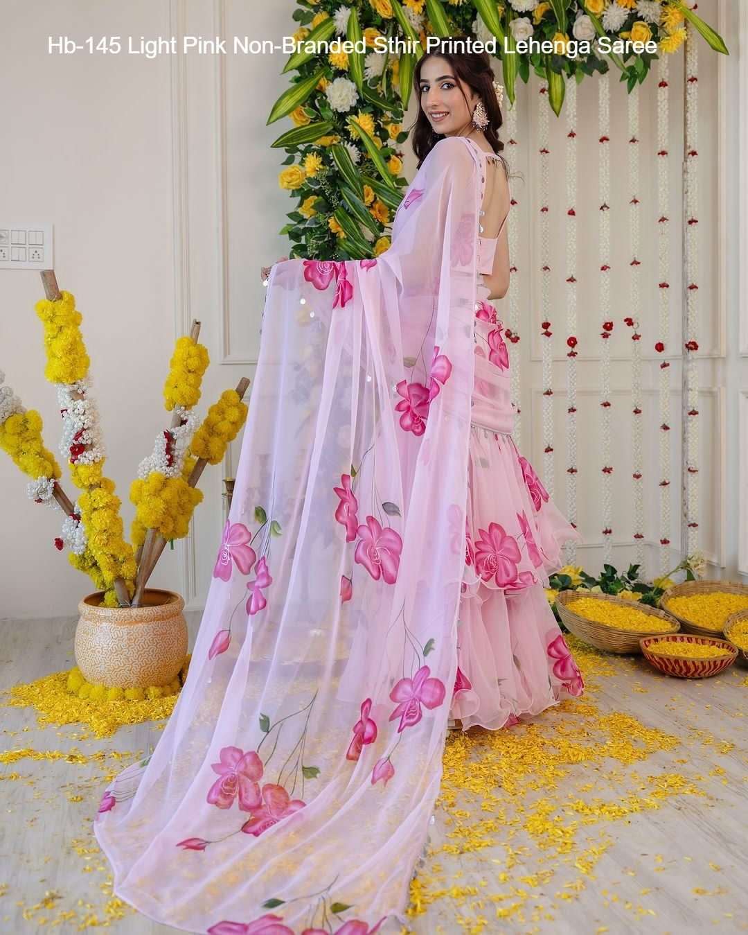 Hb-145 Light Pink Non-Branded Sthir Printed Lehenga Saree