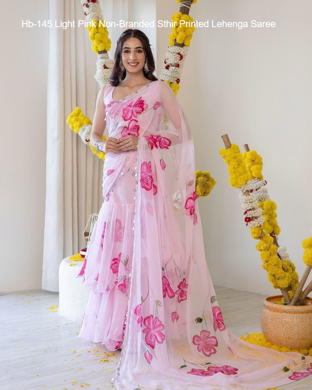 Hb-145 Light Pink Non-Branded Sthir Printed Lehenga Saree
