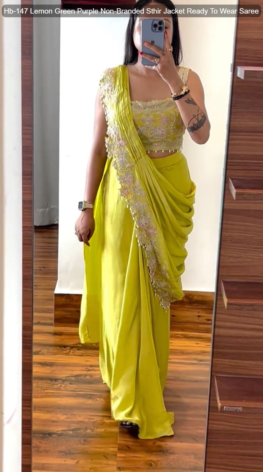 Hb-147 Lemon Green Purple Non-Branded Sthir Jacket Ready To Wear Saree