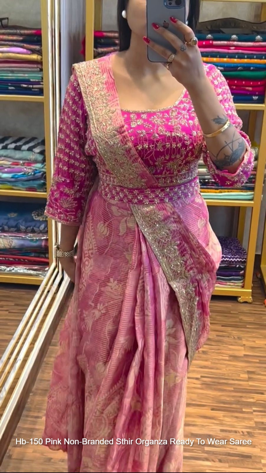 Hb-150 Pink Non-Branded Sthir Organza Ready To Wear Saree