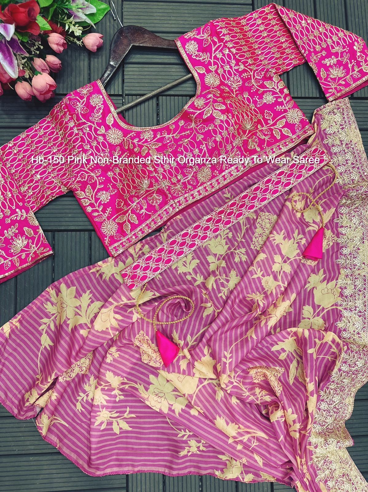 Hb-150 Pink Non-Branded Sthir Organza Ready To Wear Saree