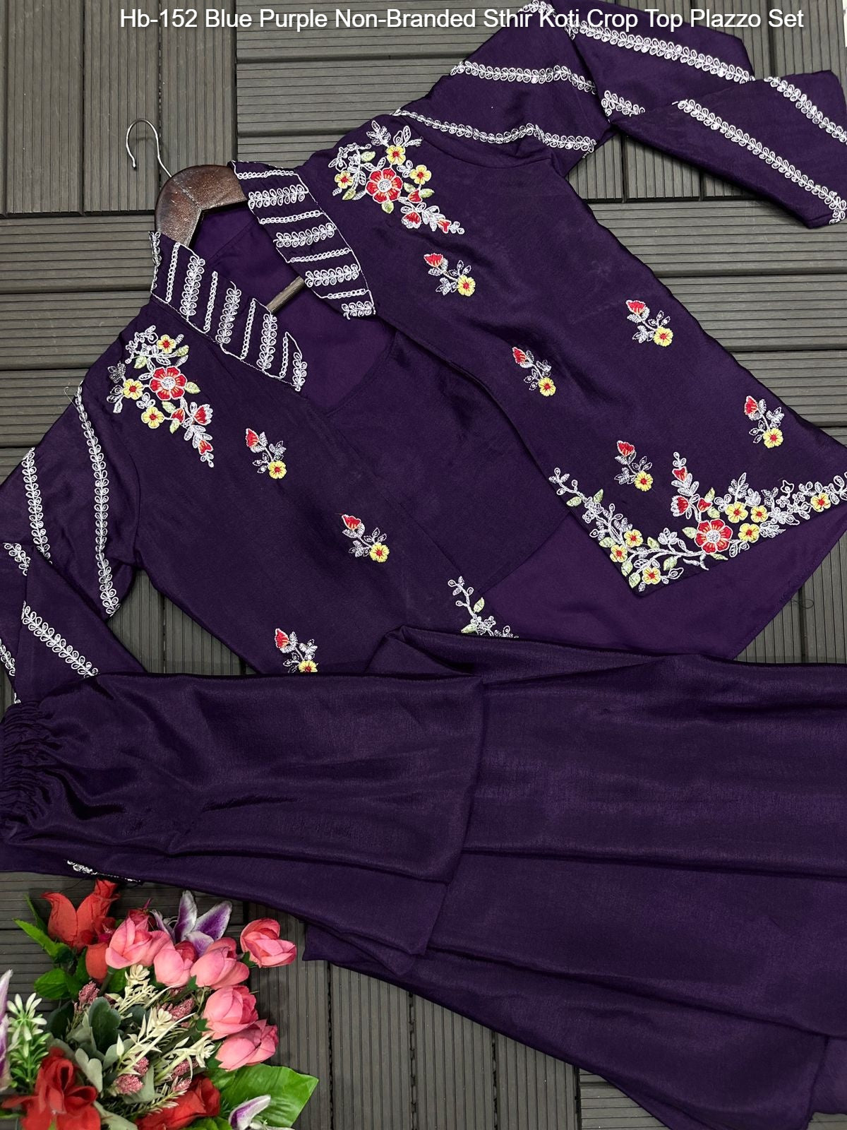 Hb-152 Blue Purple Non-Branded Sthir Koti Crop Top Plazzo Set