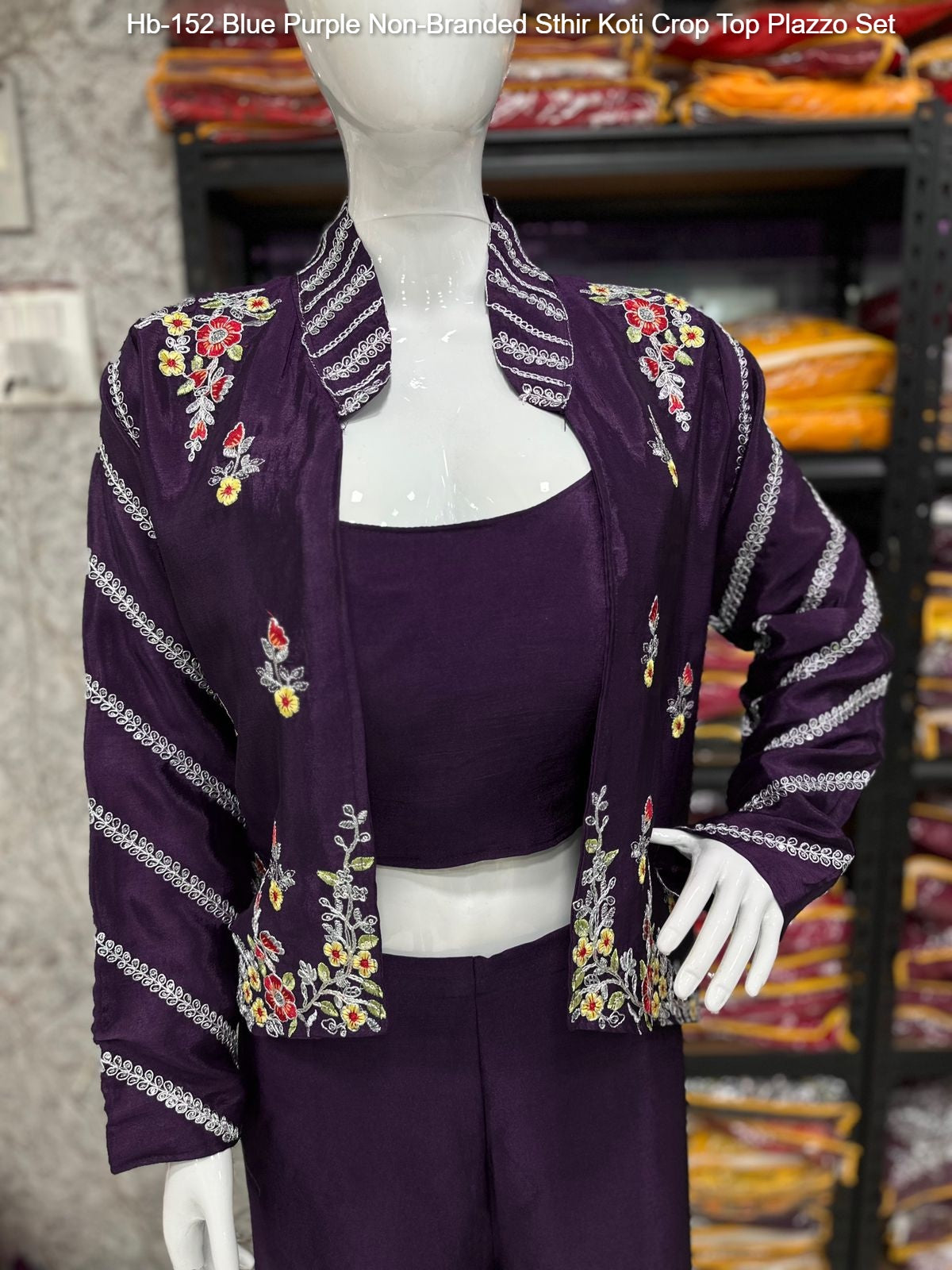 Hb-152 Blue Purple Non-Branded Sthir Koti Crop Top Plazzo Set