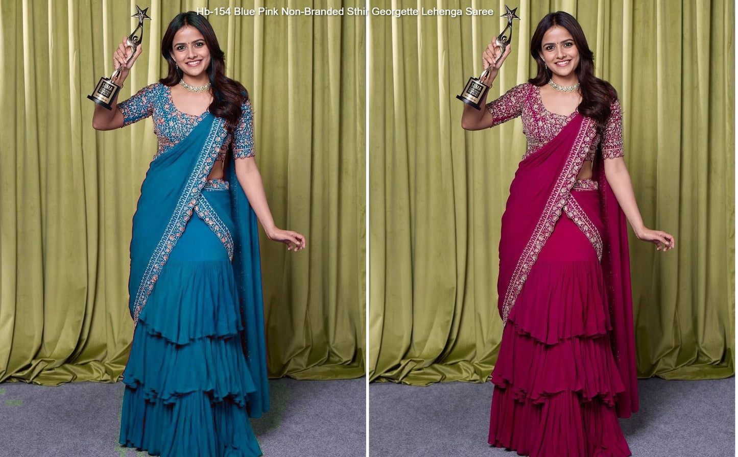 Hb-154 Blue Pink Non-Branded Sthir Georgette Lehenga Saree