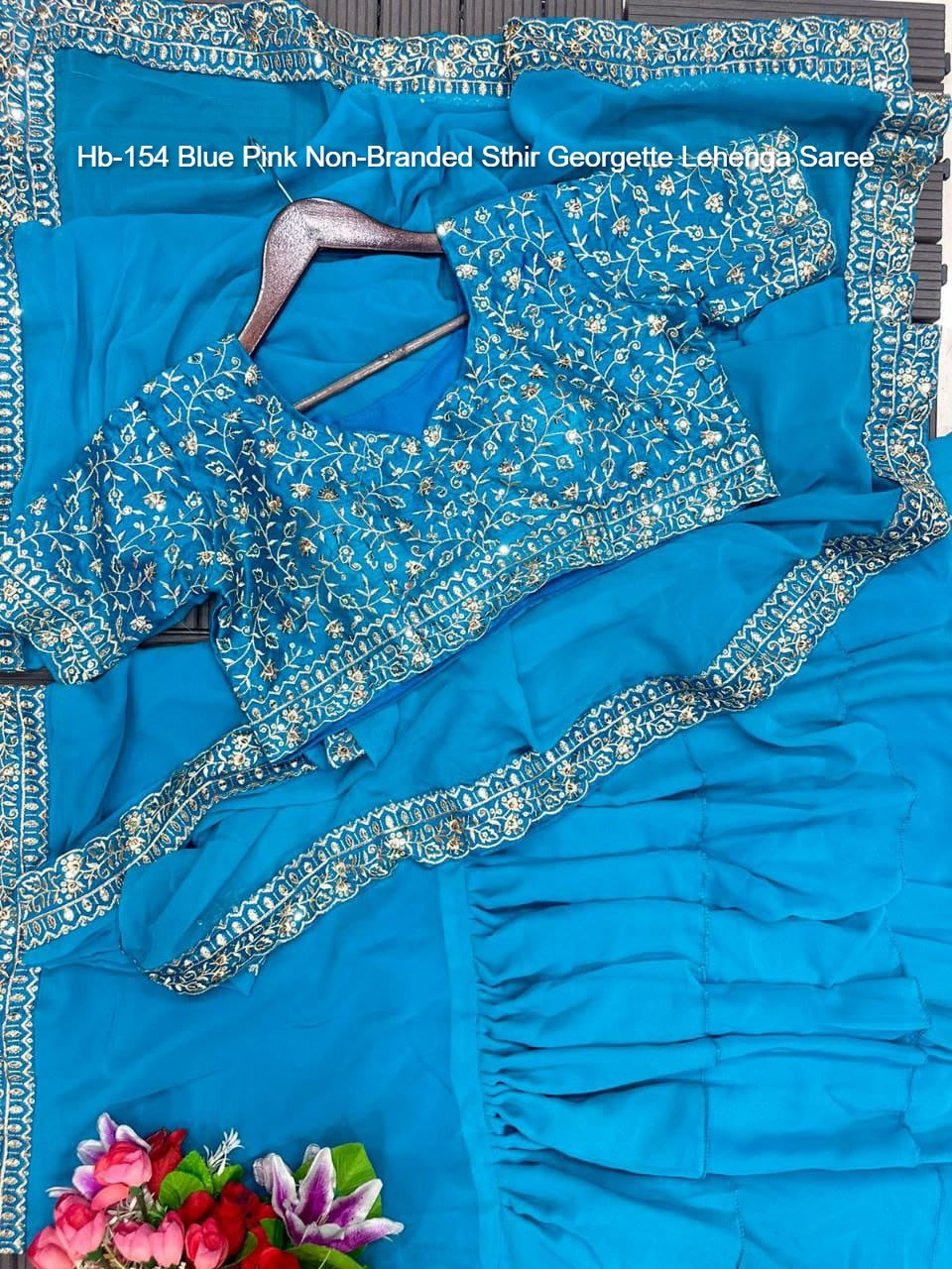 Hb-154 Blue Pink Non-Branded Sthir Georgette Lehenga Saree