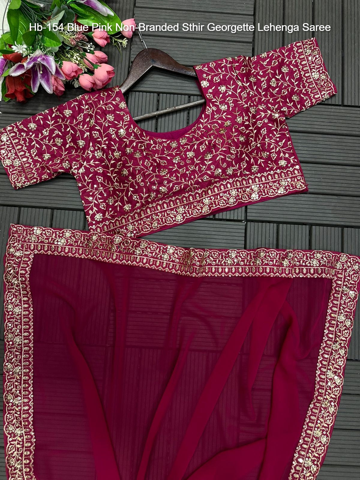 Hb-154 Blue Pink Non-Branded Sthir Georgette Lehenga Saree