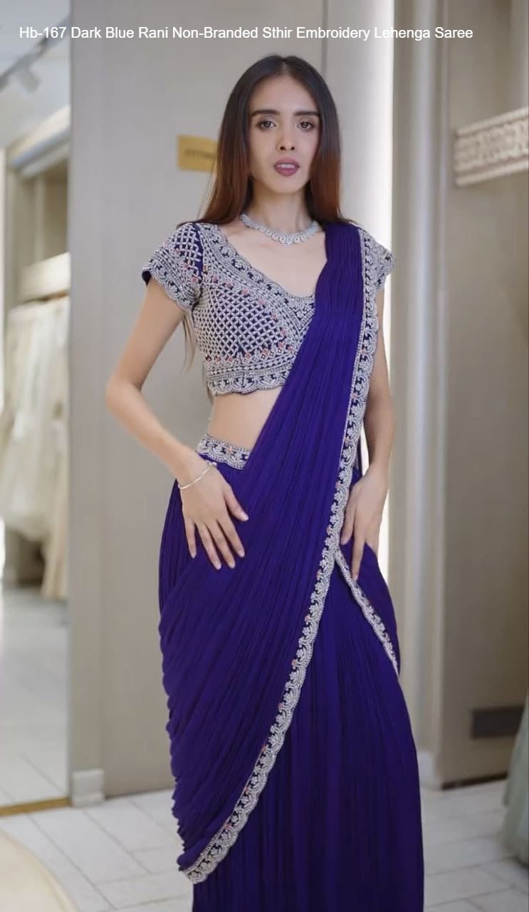 Hb-167 Dark Blue Rani Non-Branded Sthir Embroidery Lehenga Saree