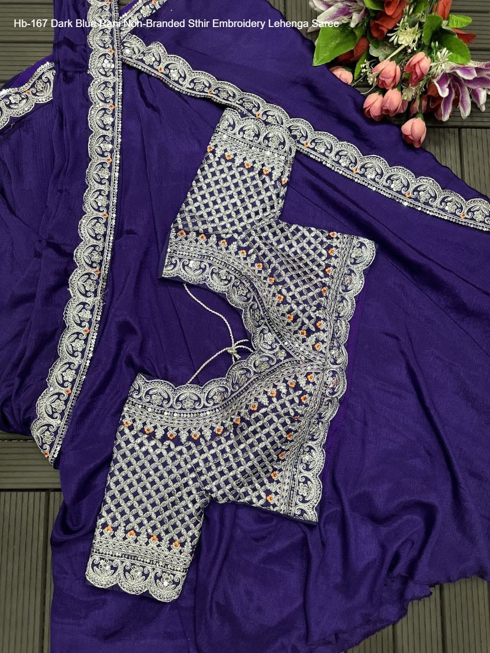 Hb-167 Dark Blue Rani Non-Branded Sthir Embroidery Lehenga Saree