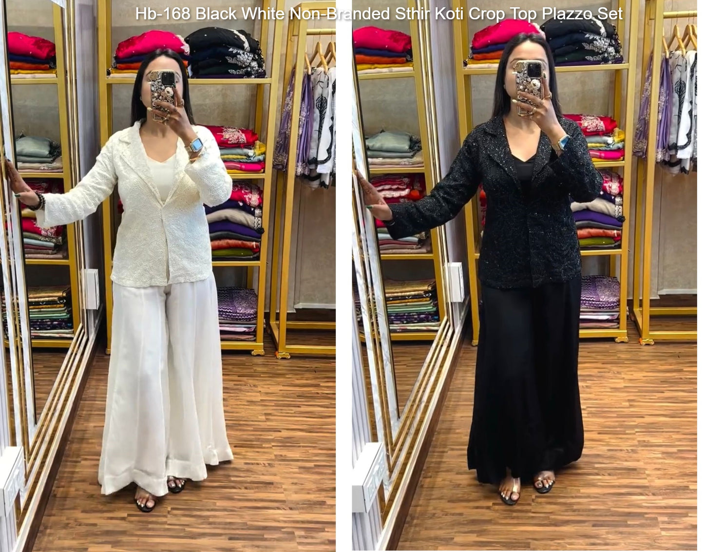 Hb-168 Black White Non-Branded Sthir Koti Crop Top Plazzo Set