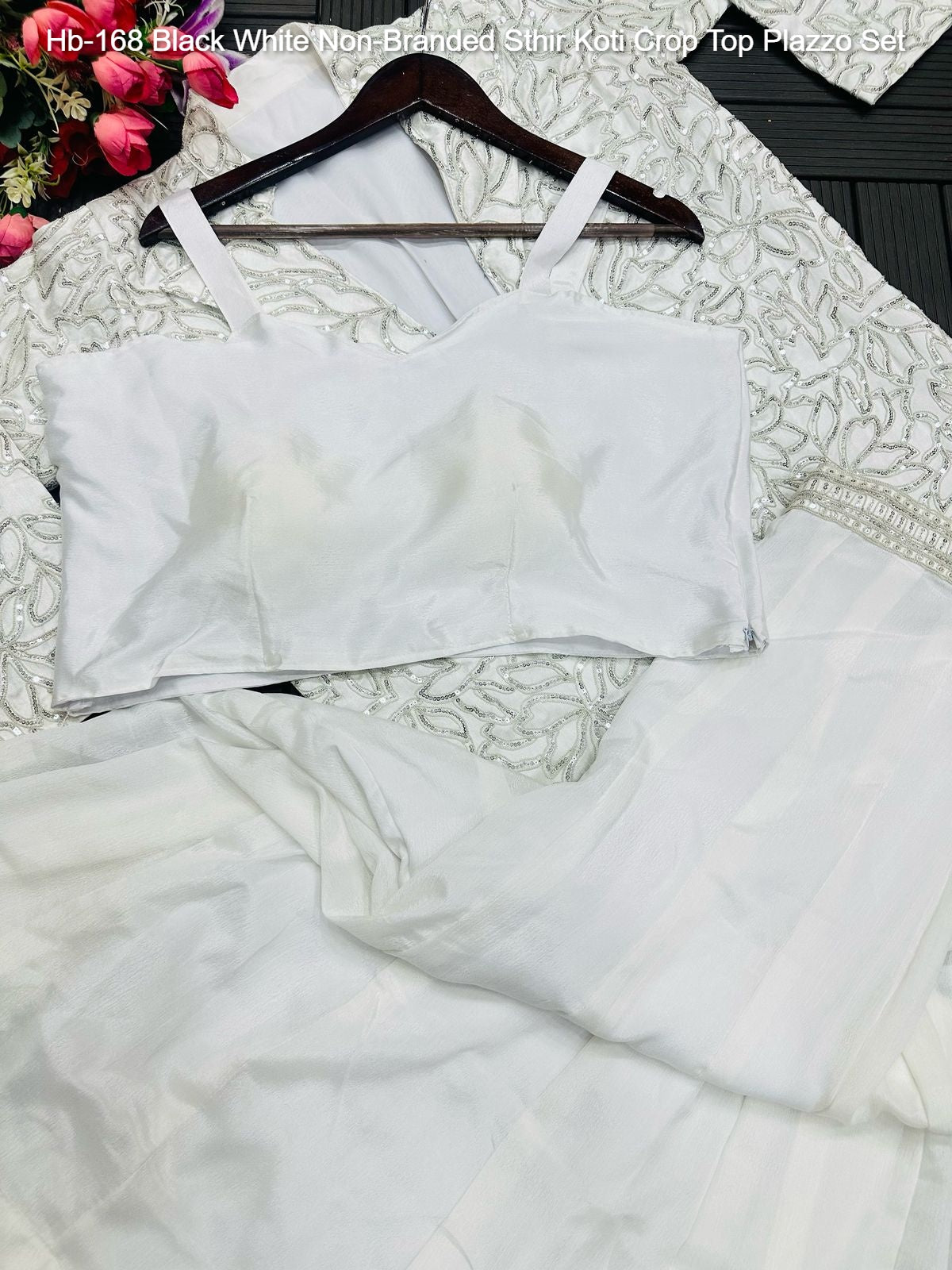 Hb-168 Black White Non-Branded Sthir Koti Crop Top Plazzo Set