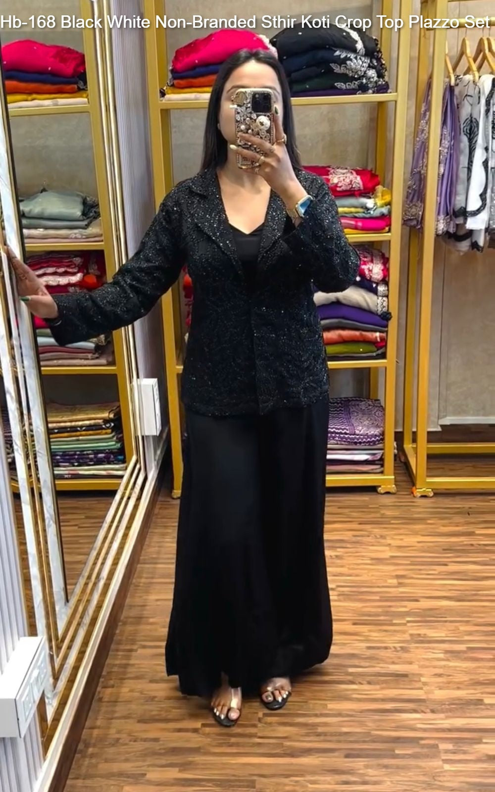 Hb-168 Black White Non-Branded Sthir Koti Crop Top Plazzo Set