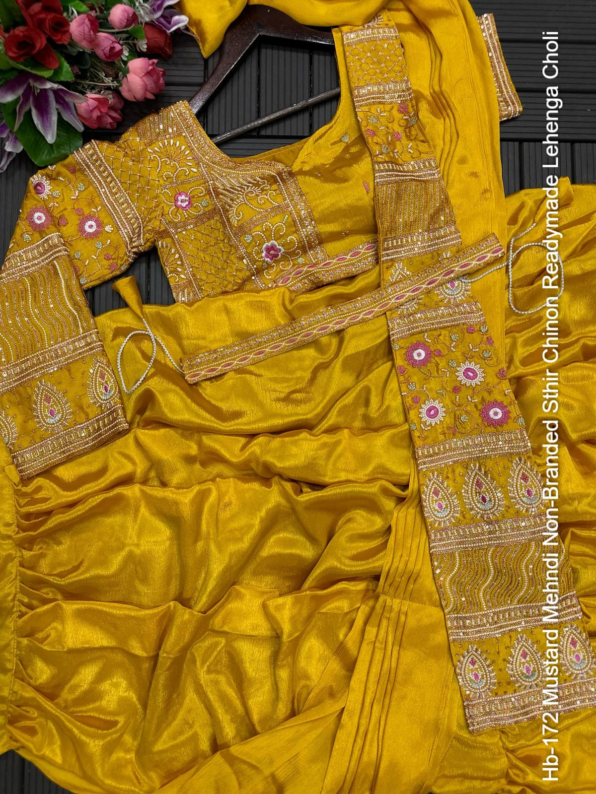 Hb-172 Mustard Mehndi Non-Branded Sthir Chinon Readymade Lehenga Choli