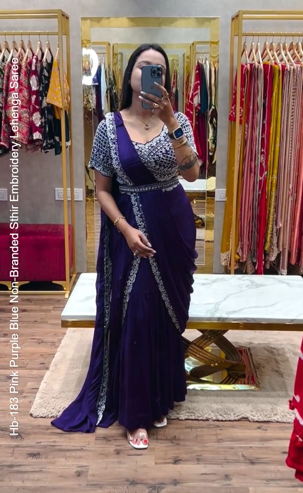Hb-183 Pink Purple Blue Non-Branded Sthir Embroidery Lehenga Saree