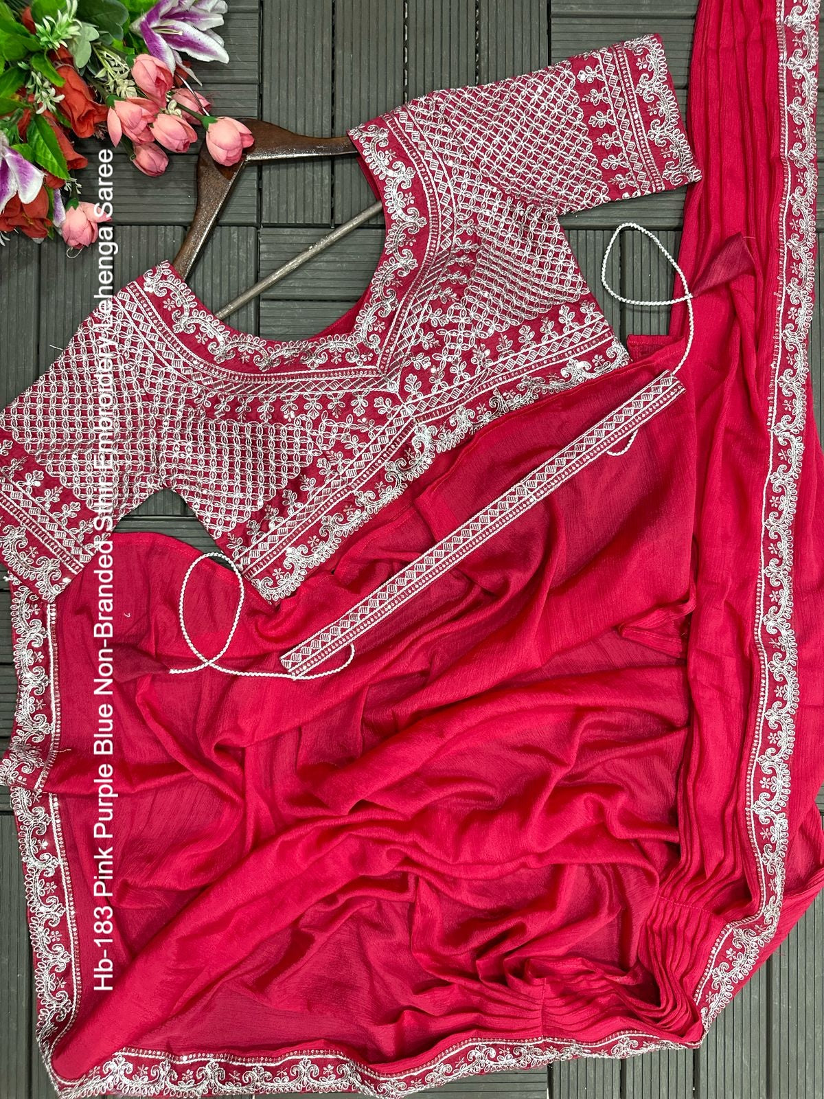 Hb-183 Pink Purple Blue Non-Branded Sthir Embroidery Lehenga Saree