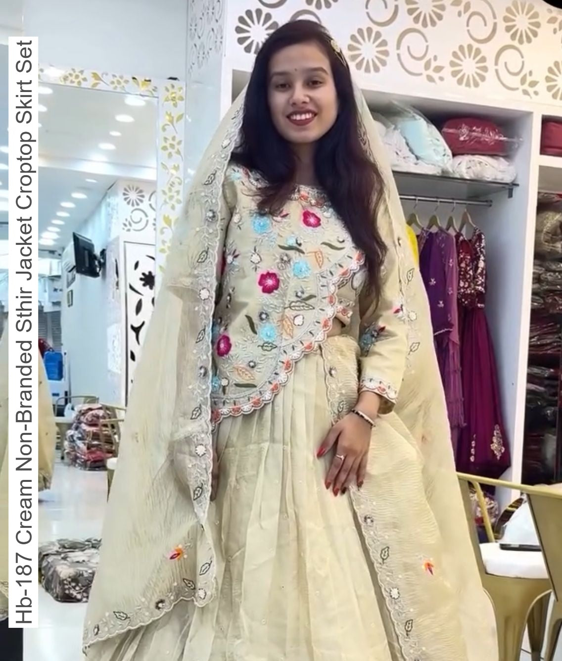 Hb-187 Cream Non-Branded Sthir Jacket Croptop Skirt Set