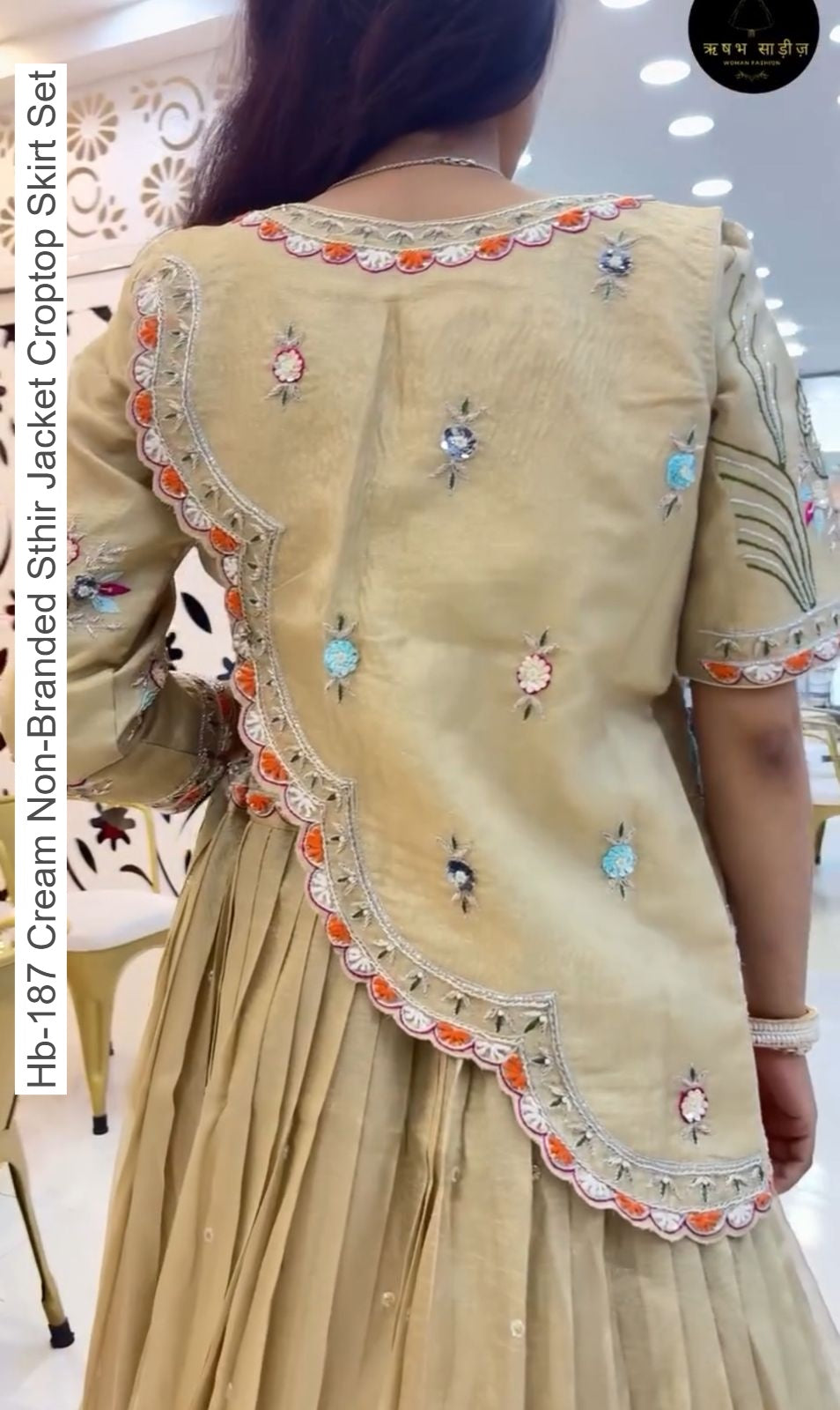 Hb-187 Cream Non-Branded Sthir Jacket Croptop Skirt Set
