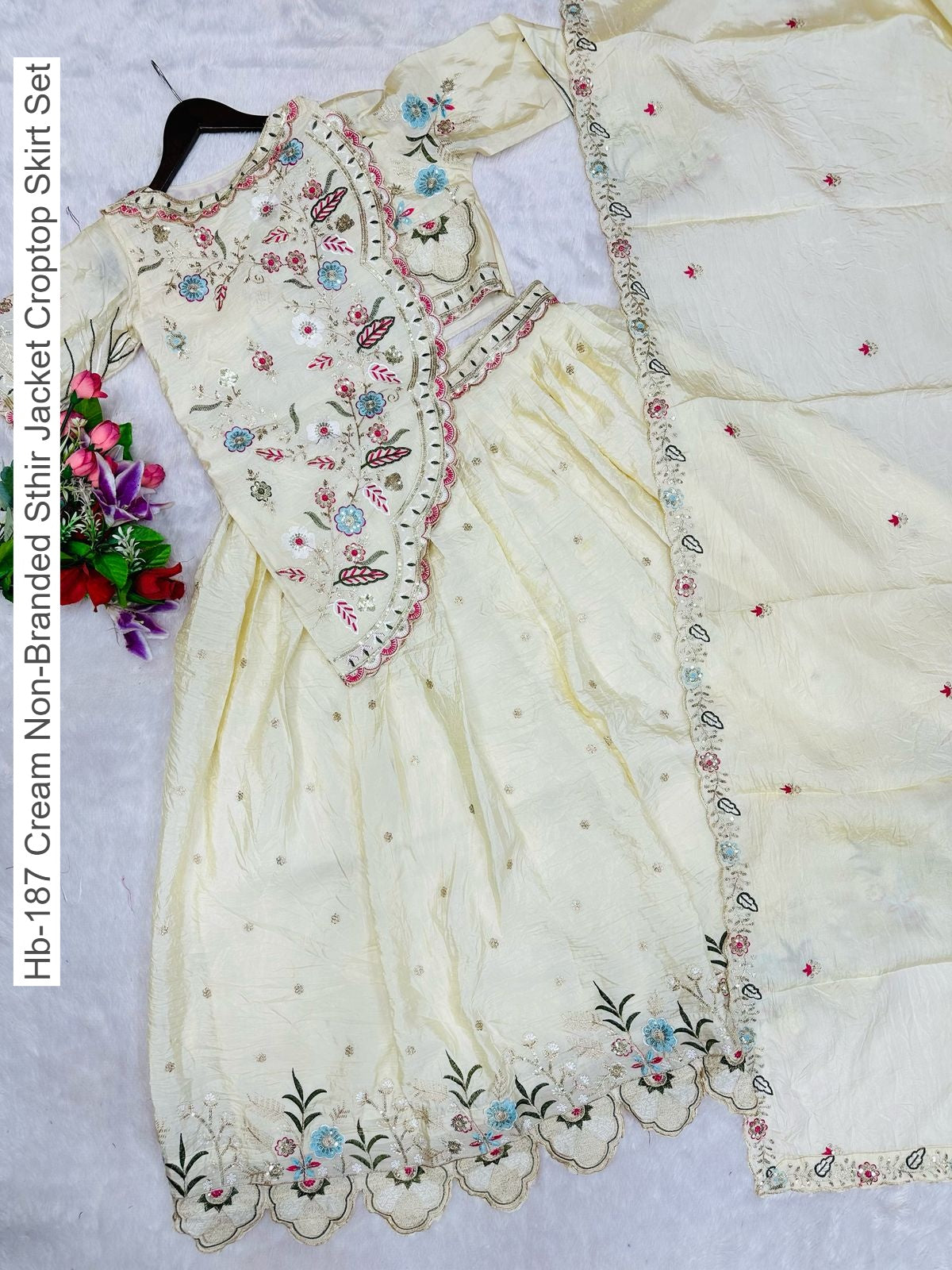 Hb-187 Cream Non-Branded Sthir Jacket Croptop Skirt Set