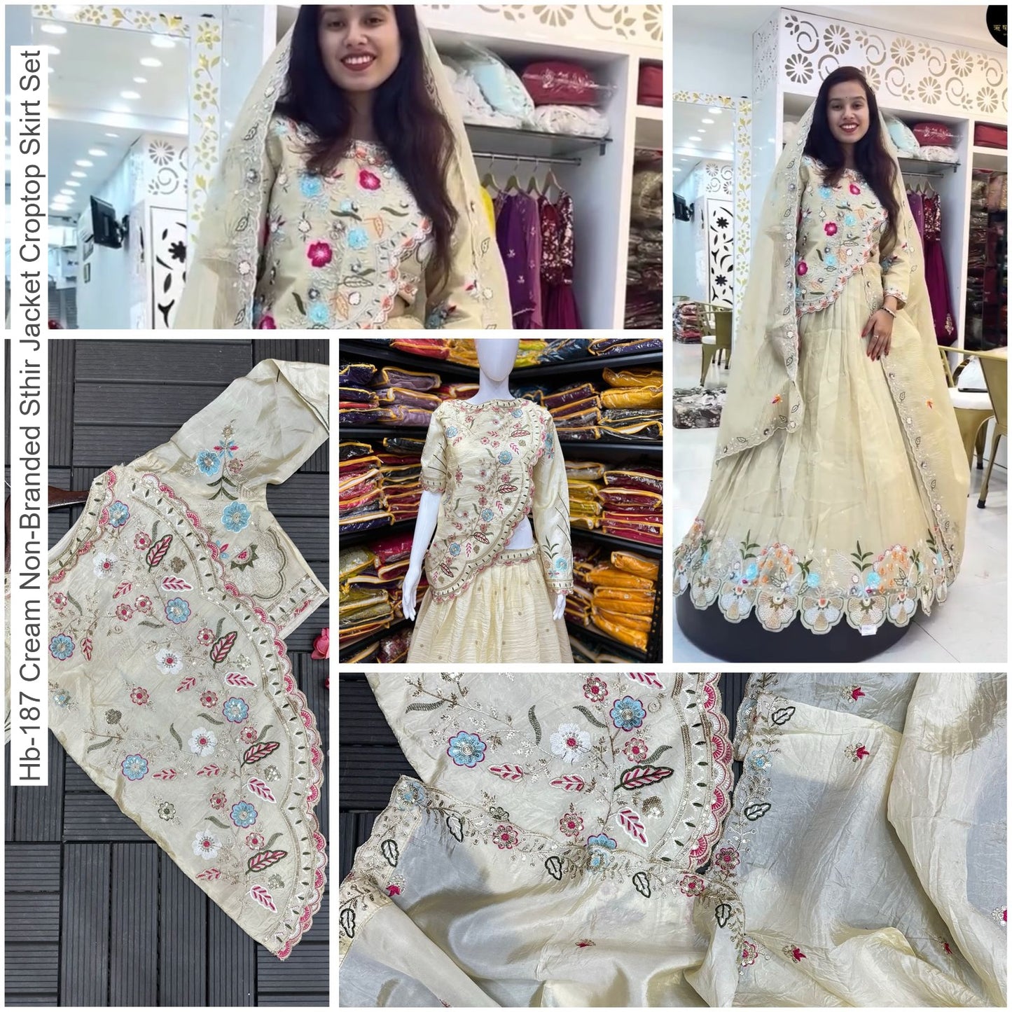 Hb-187 Cream Non-Branded Sthir Jacket Croptop Skirt Set