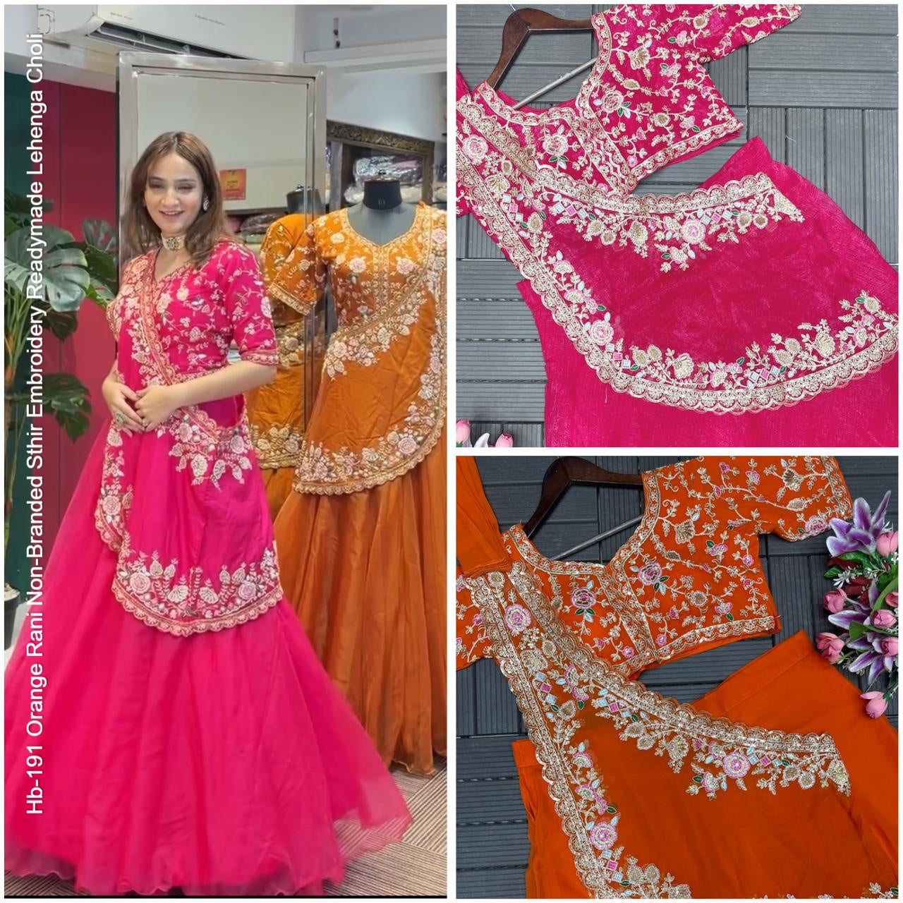 Hb-191 Orange Rani Non-Branded Sthir Embroidery Readymade Lehenga Choli
