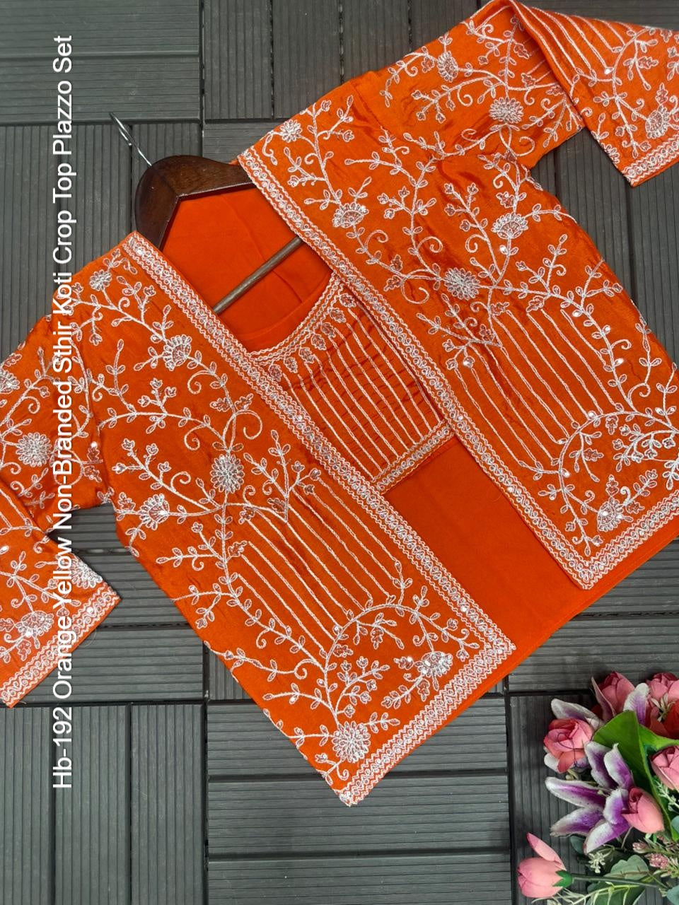 Hb-192 Orange Yellow Non-Branded Sthir Koti Crop Top Plazzo Set