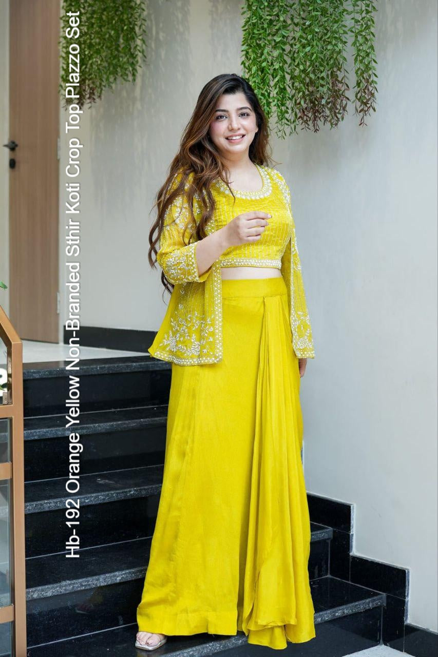 Hb-192 Orange Yellow Non-Branded Sthir Koti Crop Top Plazzo Set