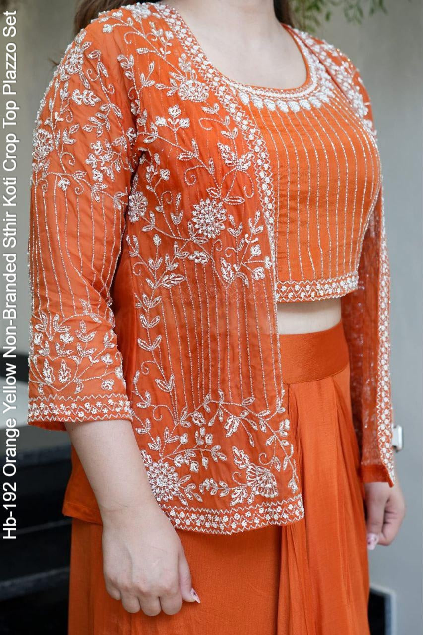 Hb-192 Orange Yellow Non-Branded Sthir Koti Crop Top Plazzo Set