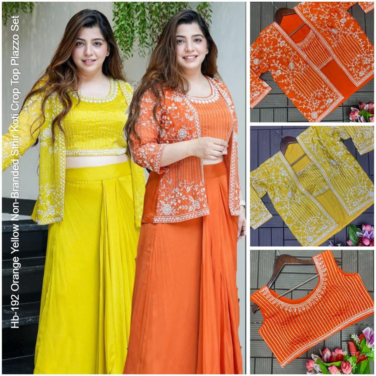 Hb-192 Orange Yellow Non-Branded Sthir Koti Crop Top Plazzo Set