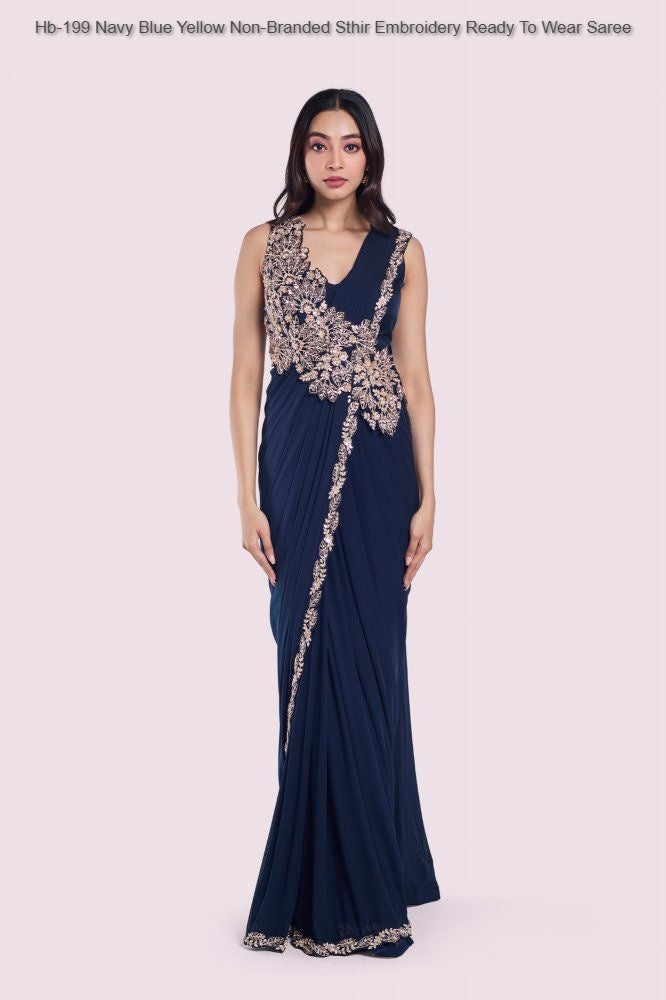 Hb-199 Navy Blue Yellow Non-Branded Sthir Embroidery Ready To Wear Saree