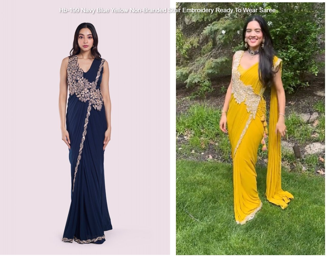 Hb-199 Navy Blue Yellow Non-Branded Sthir Embroidery Ready To Wear Saree
