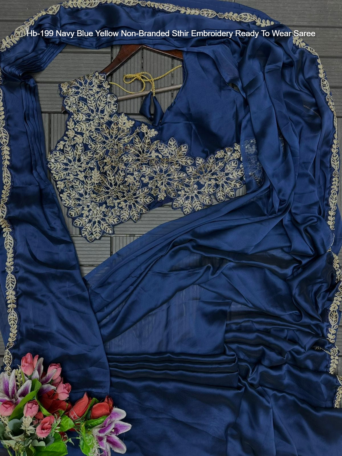 Hb-199 Navy Blue Yellow Non-Branded Sthir Embroidery Ready To Wear Saree