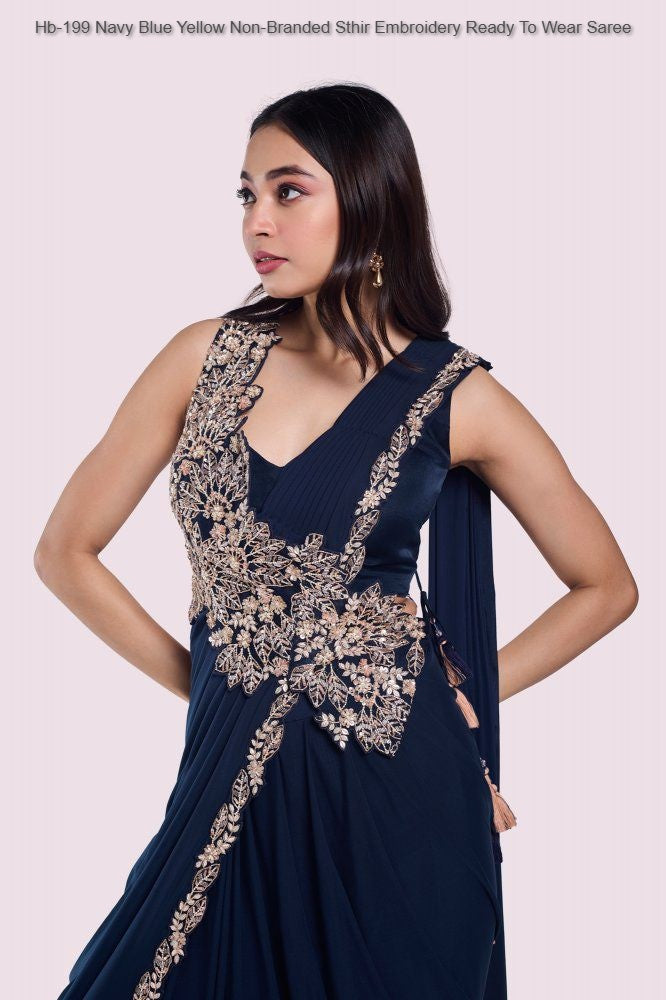 Hb-199 Navy Blue Yellow Non-Branded Sthir Embroidery Ready To Wear Saree